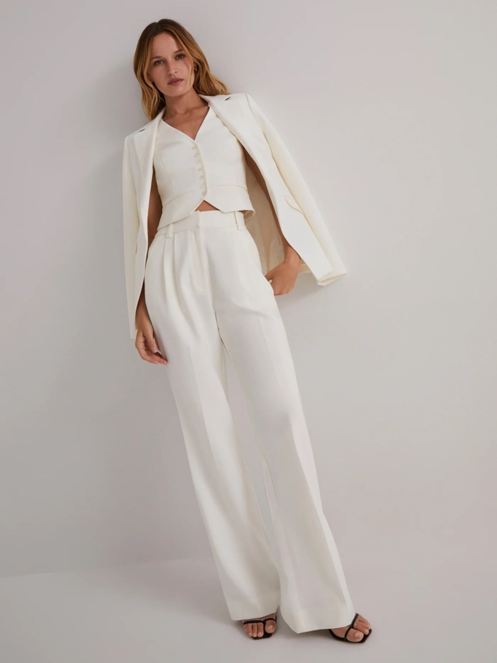 FAVORITE DAUGHTER V-Neck Button Vest and High-Waist Trousers Set - Cream - Picture 3 of 12